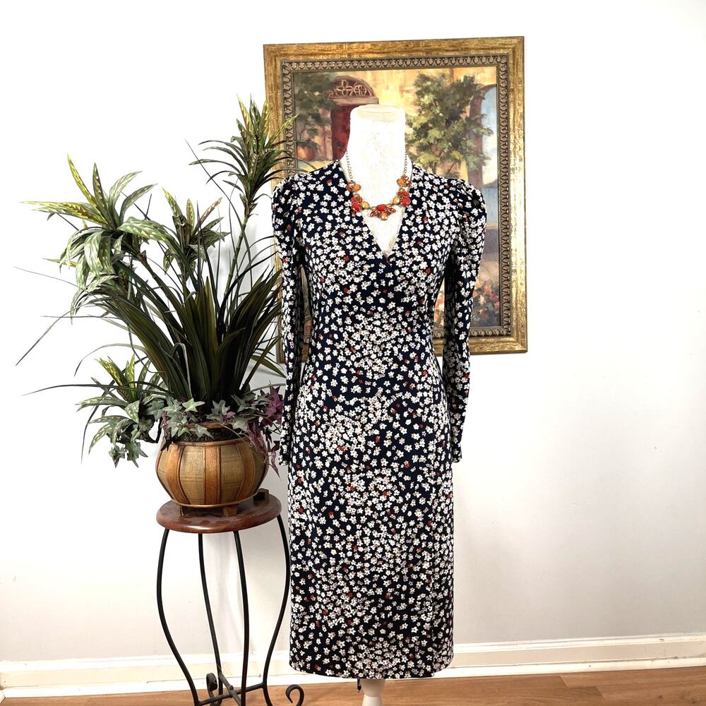 Ann Taylor Petite 2P Floral Faux Wrap Midi Dress Navy Long Sleeve Stretch Belt